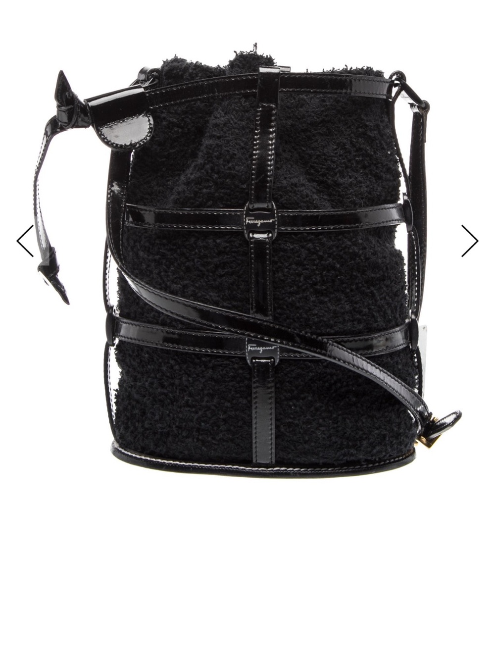 Salvatore Ferragamo Black Shearling and Patent Leather Crossbody Bucket Bag